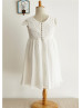 Cap Sleeves Ivory Lace Chiffon Knee Length Flower Girl Dress 